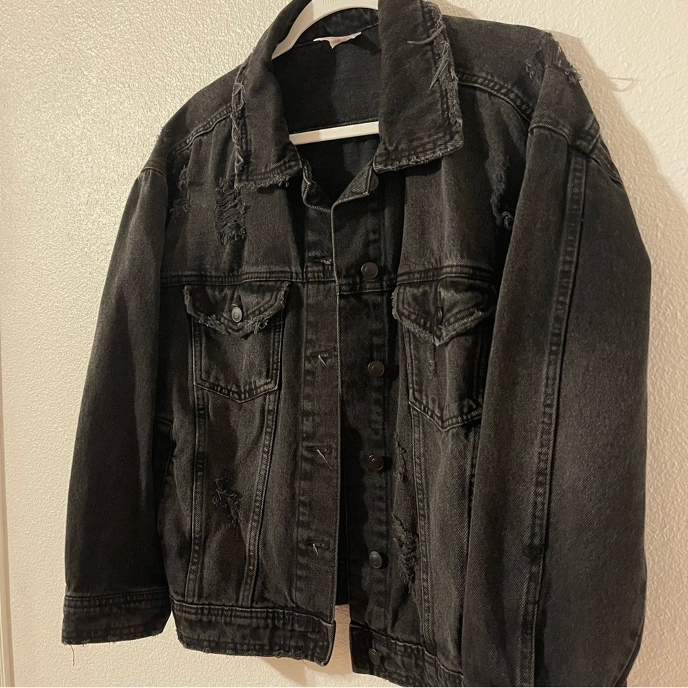 No Boundaries Womens Black Denim Jacket Button Up/Distressed Size L